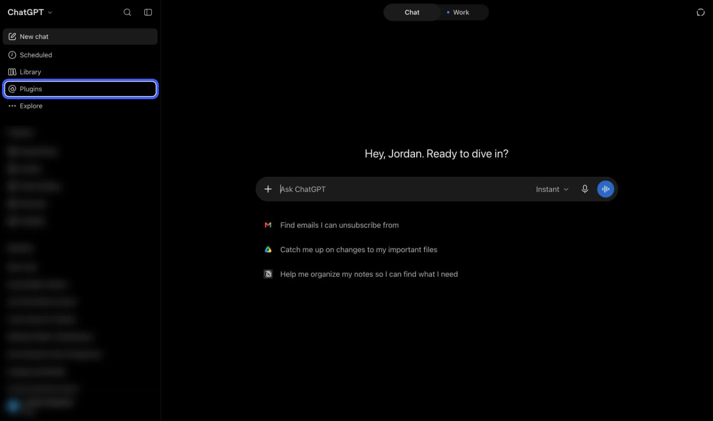ChatGPT home screen with Plugins highlighted in the left sidebar