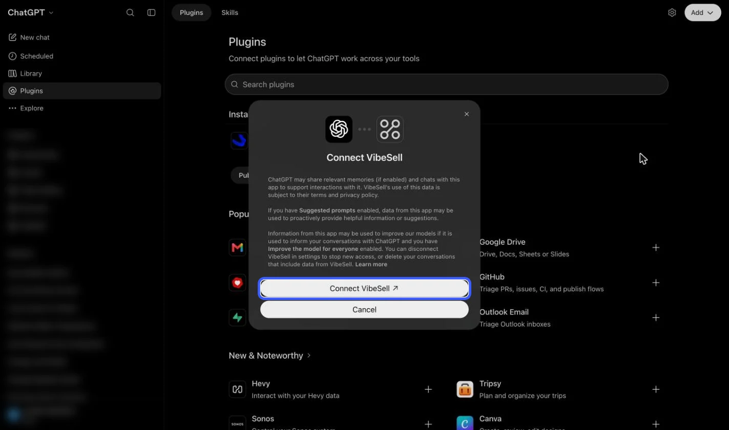 ChatGPT Connect VibeSell dialog with the Connect VibeSell button highlighted