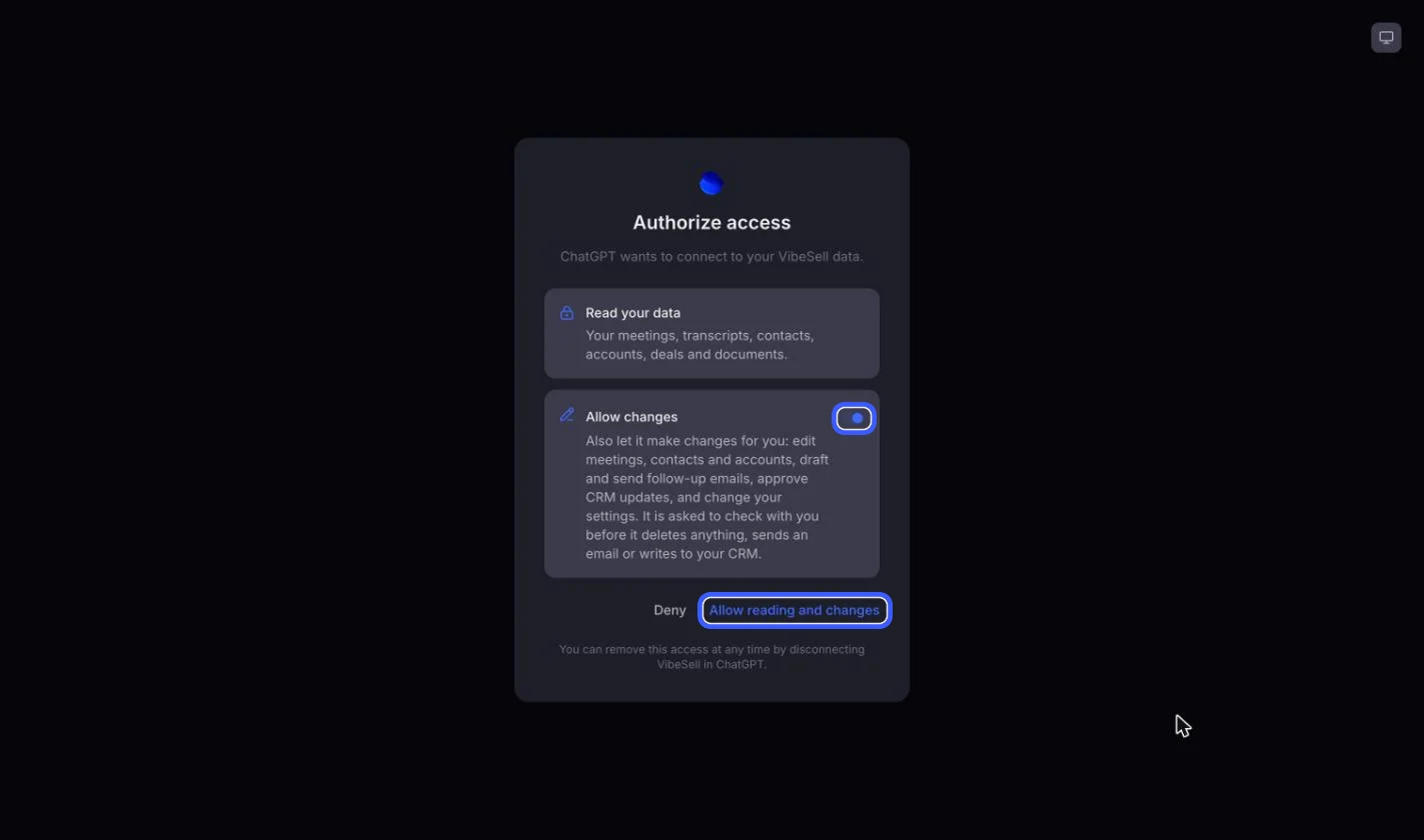 VibeSell authorize access screen showing ChatGPT wants to connect, with the Allow changes switch on and the Allow reading and changes button highlighted