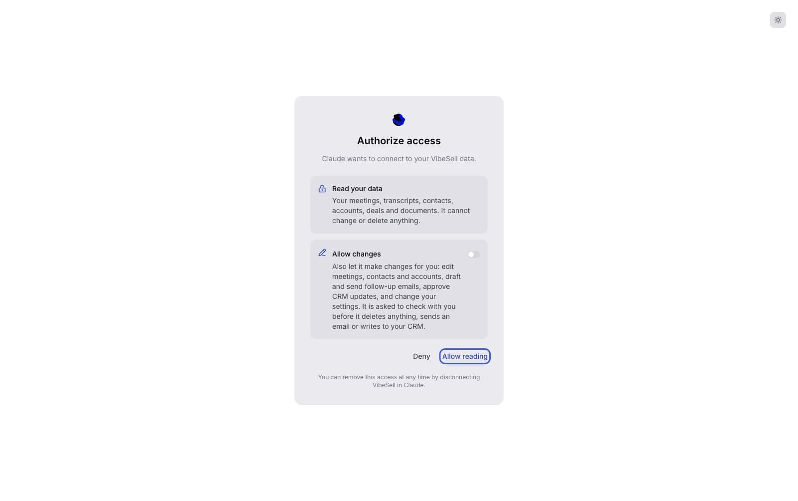 VibeSell authorize access screen granting Claude read access to meetings, transcripts, contacts, accounts, deals and documents, with an Allow changes switch and the Allow button highlighted