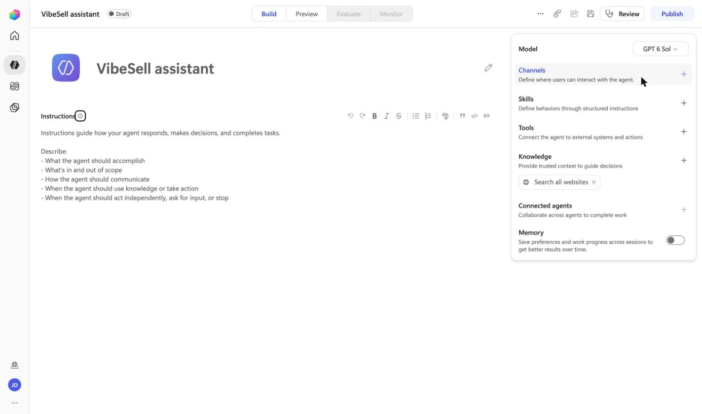 A new Copilot Studio agent named VibeSell assistant, with Model, Channels, Skills, Tools and Knowledge in the panel on the right
