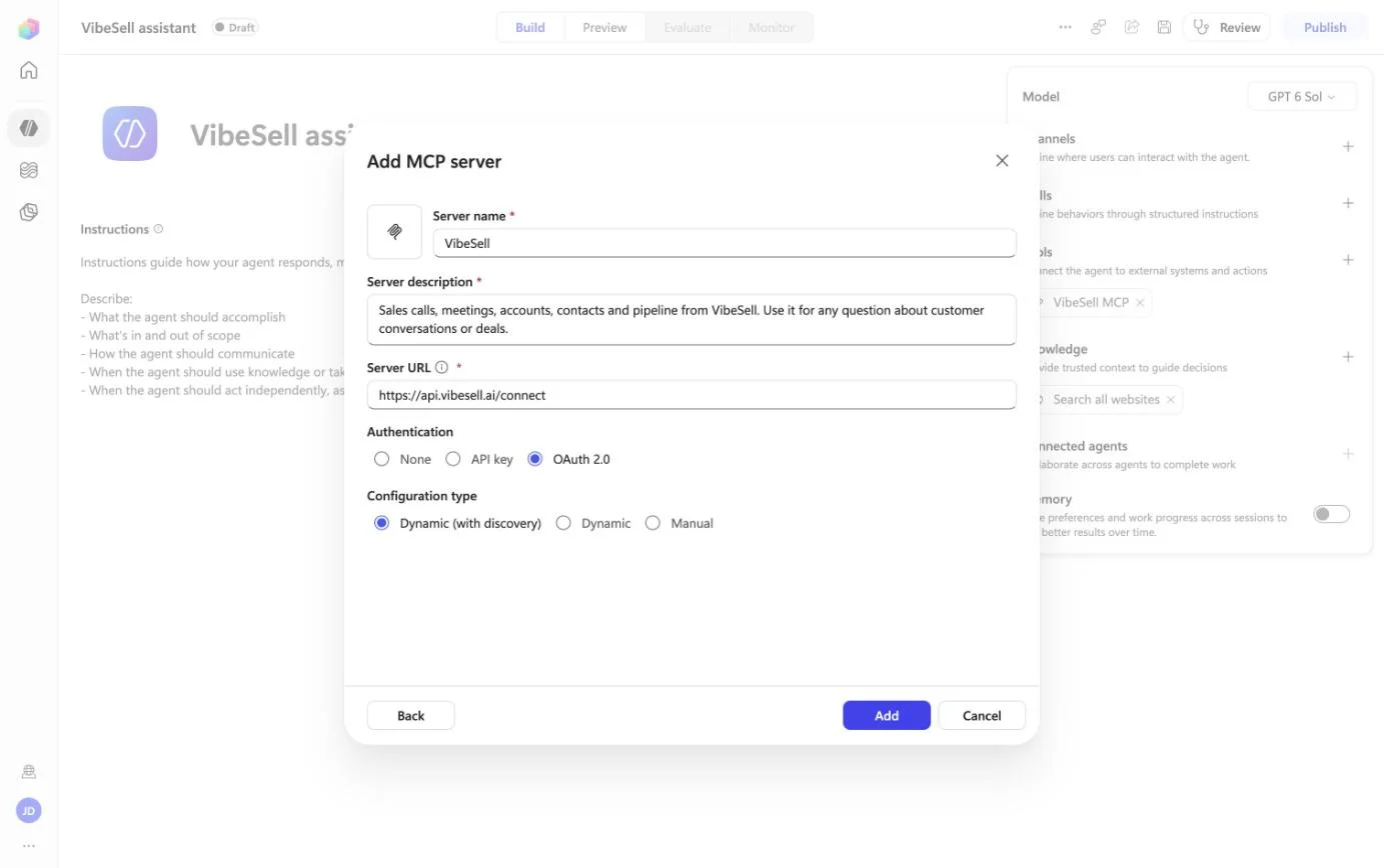 Copilot Studio Add MCP server form with the name VibeSell, a description, the server URL https://api.vibesell.ai/connect, OAuth 2.0 and Dynamic (with discovery) selected