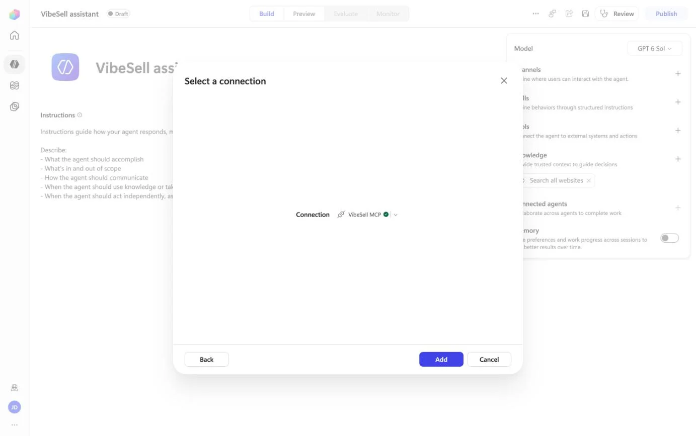 Copilot Studio Select a connection dialog showing the VibeSell connection as connected, with the Add button