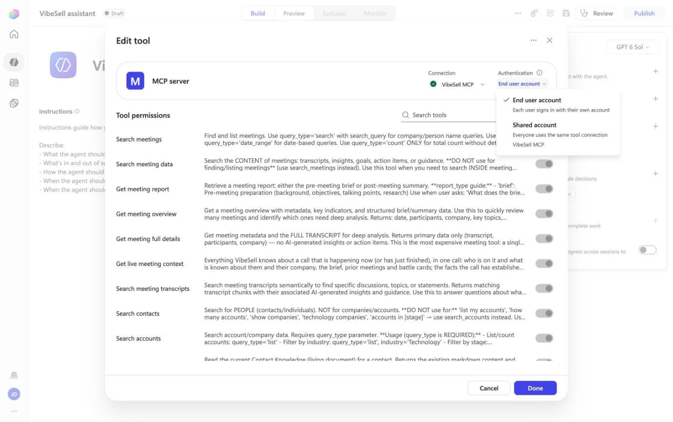 Copilot Studio Edit tool dialog for the VibeSell MCP server with Authentication set to End user account, and the tool permissions list